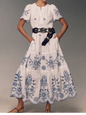 Anthropologie Somerset Dress. White Maxi. Blue Embroidery. Eyelet edition.